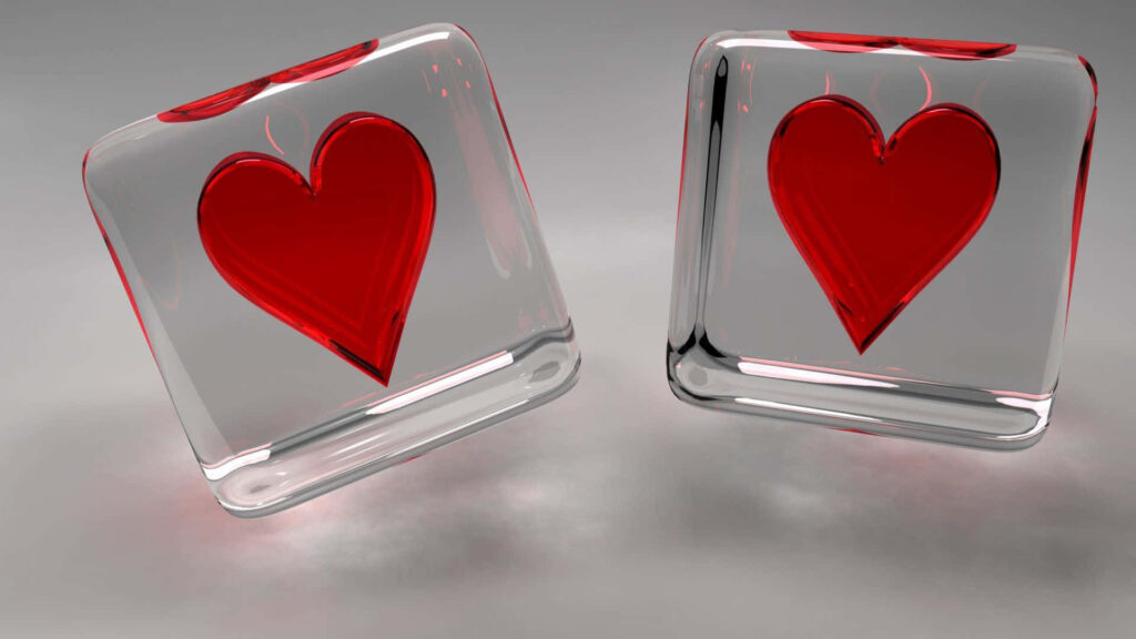 Modern Romantic Wallpaper: Glass Cubes & Red Hearts on Gradient Background