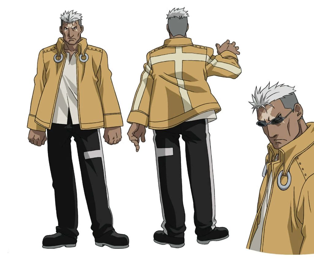 Scar Fullmetal Alchemist modern design white hair yellow jacket intense tactical look wallpaper