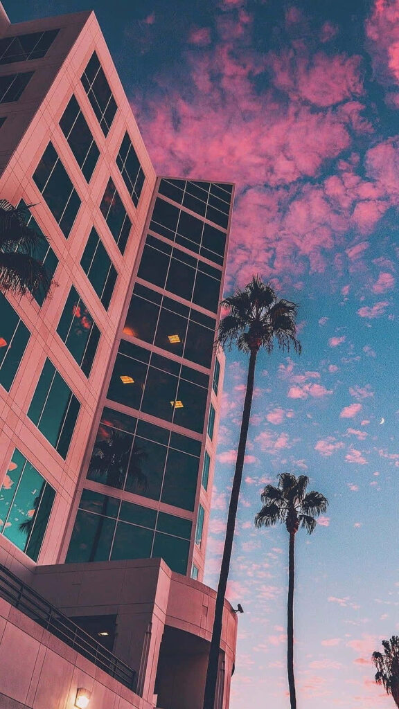 Modern Skyscraper Wallpaper: Serene Urban Sunset with Palm Trees