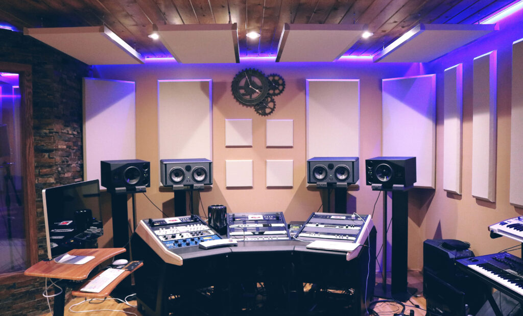 Modern Sound Studio Setup with Advanced Systems & Purple LED Lighting Wallpaper