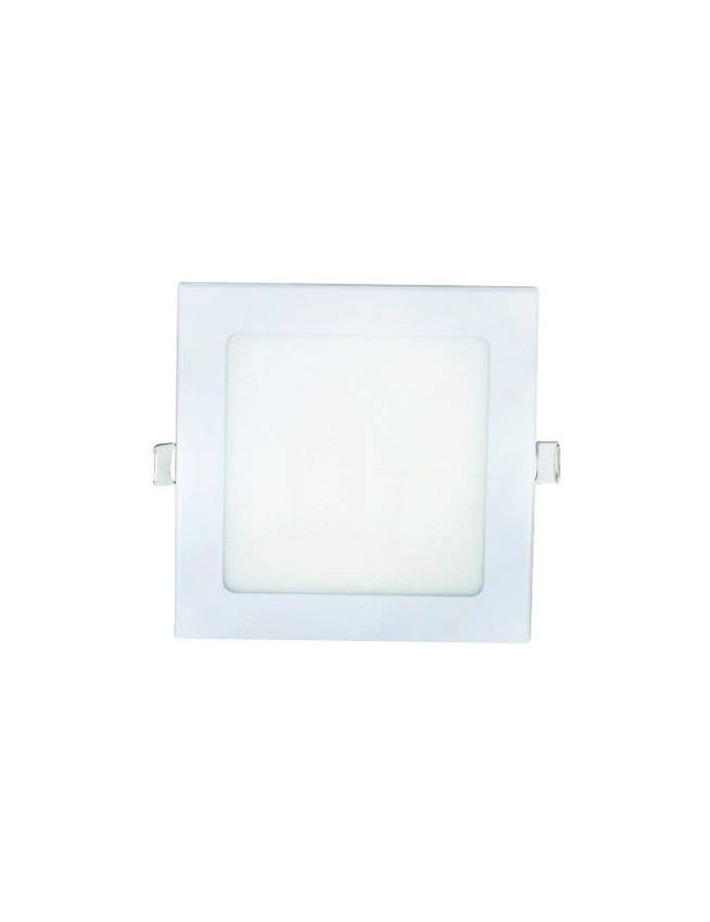 Square LED recessed panel light with minimalist frame and side mounting clips on wallpaper background