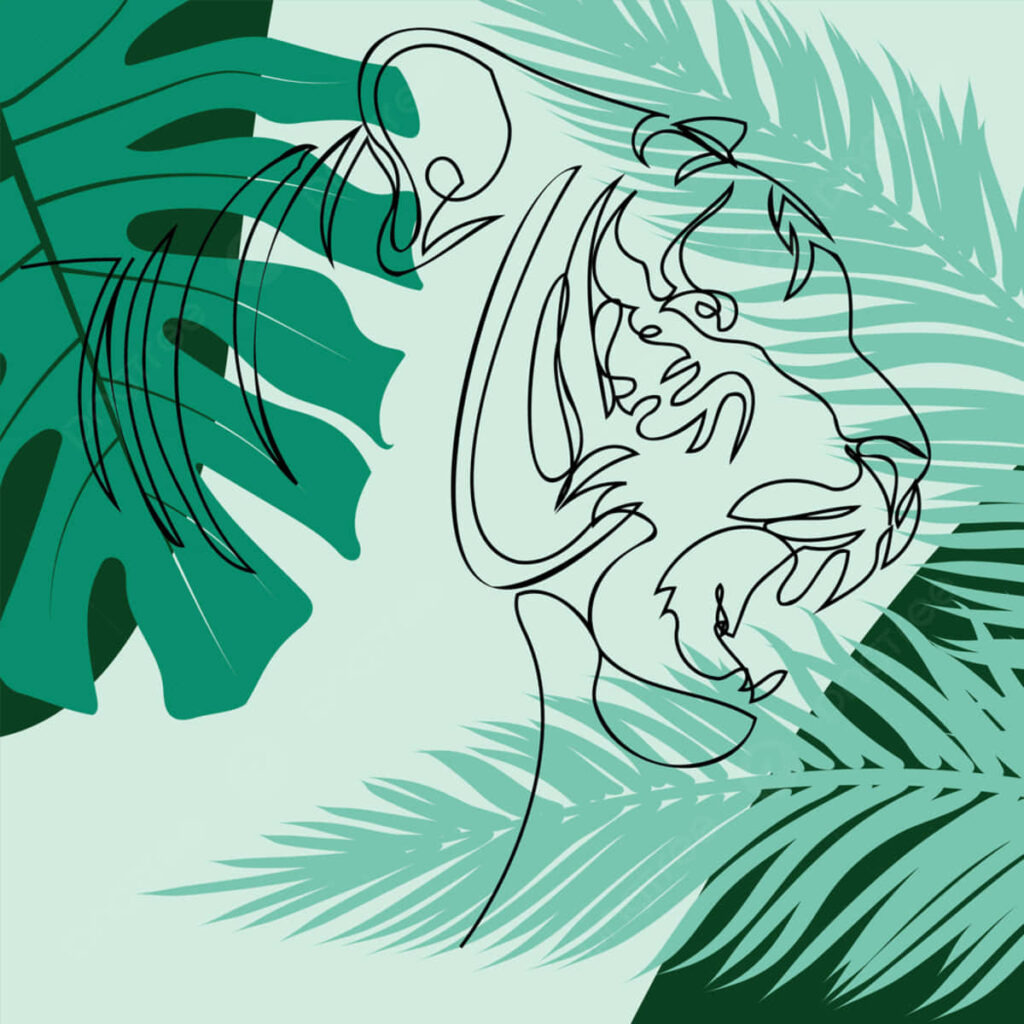 Abstract Tiger Face Line Art with Lush Jungle Leaves Wallpaper