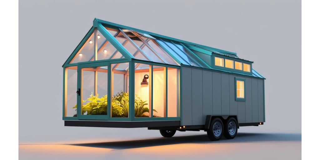 3D digital art of modern tiny house with glass conservatory lush plants warm lighting wallpaper