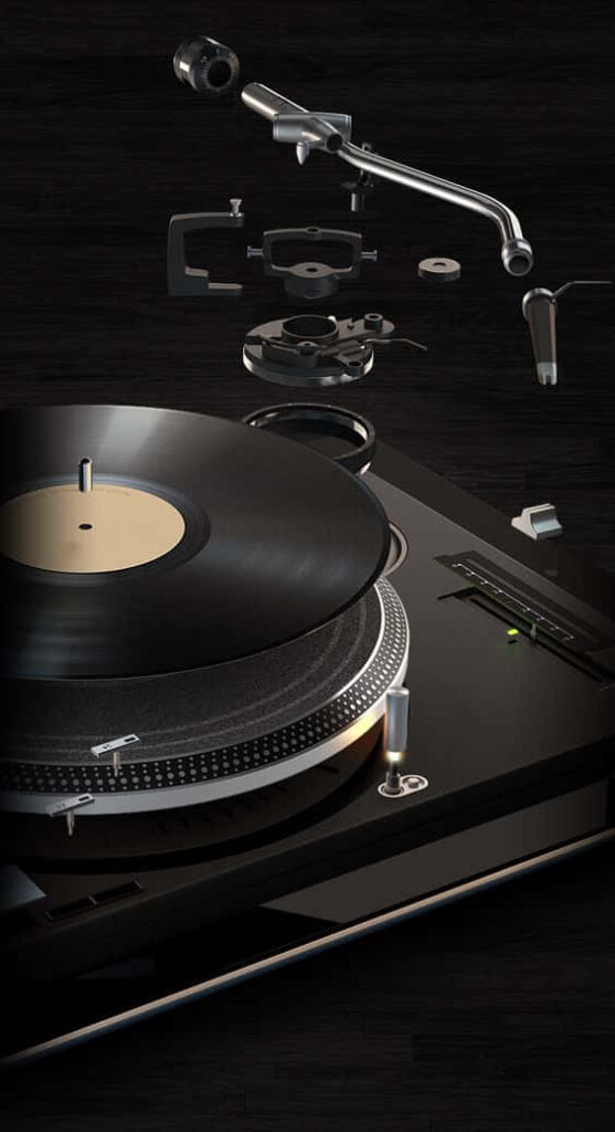 Stylish Turntable Disassembly Wallpaper Background with Vinyl Record