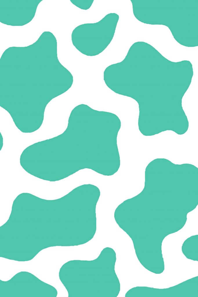 Modern cow print wallpaper with irregular turquoise spots on white background for trendy decor