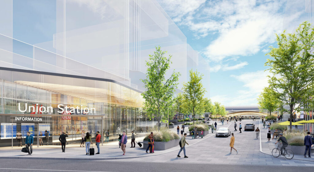 Modern Union Station Simulation: Urban Design with Greenery & Glass Wallpaper