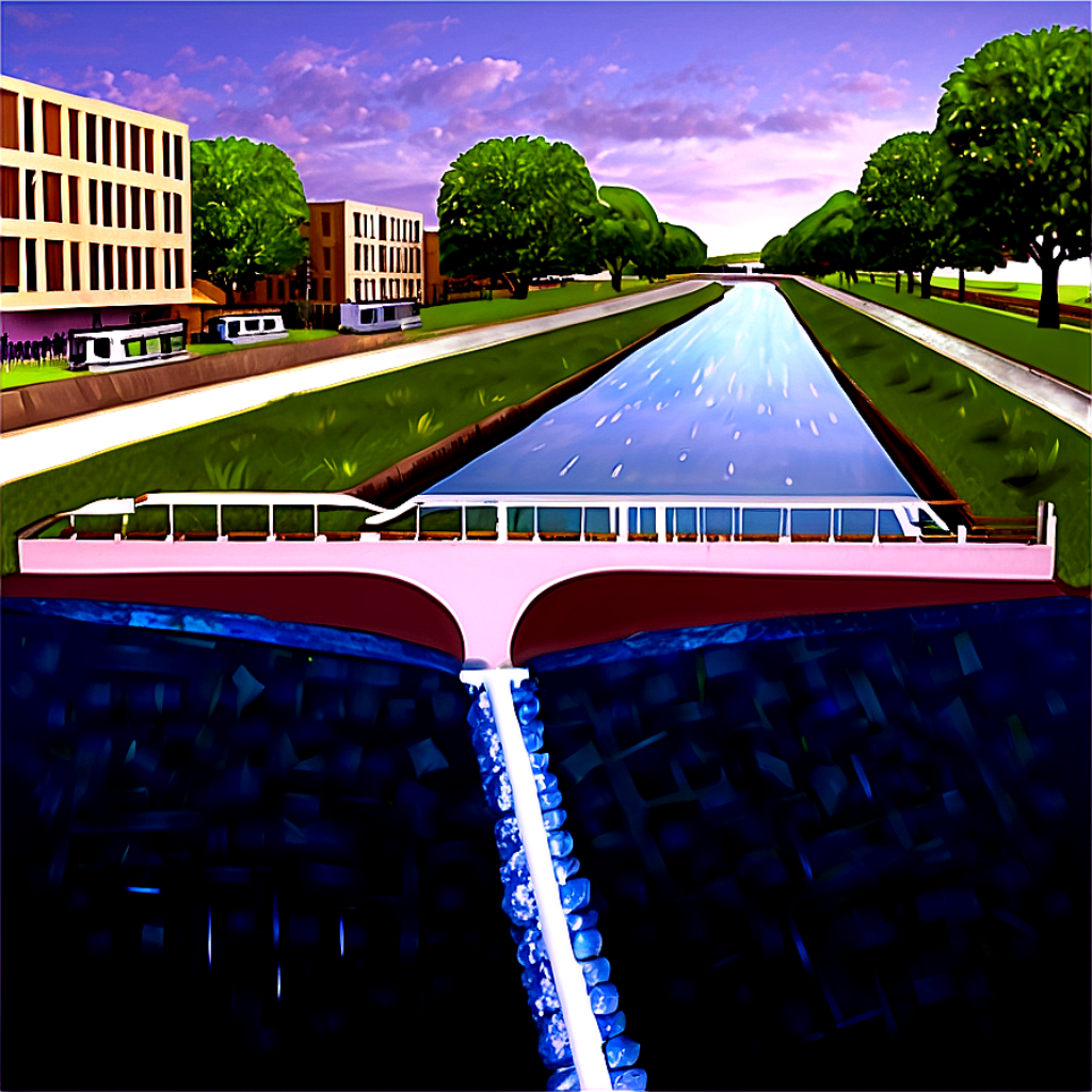 Vibrant Urban Canal Design Illustration with Greenery & Modern Architecture Wallpaper