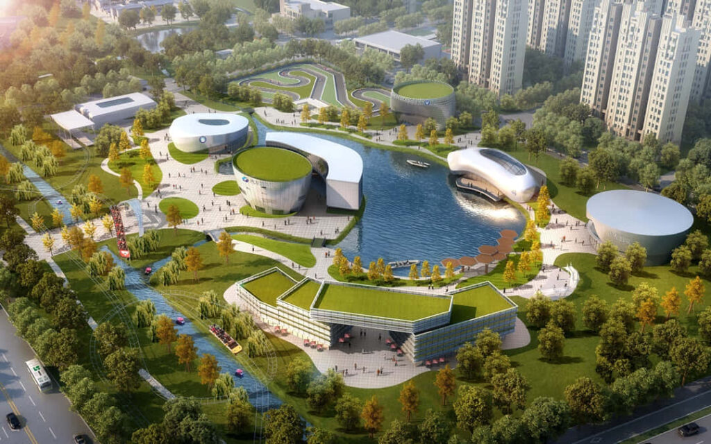 Futuristic Urban Park Wallpaper: Nature Meets Modern Architecture