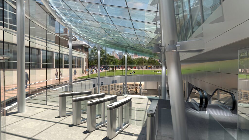 Modern Van Gogh Museum Interior: Glass Design & Scenic Outdoor View Wallpaper