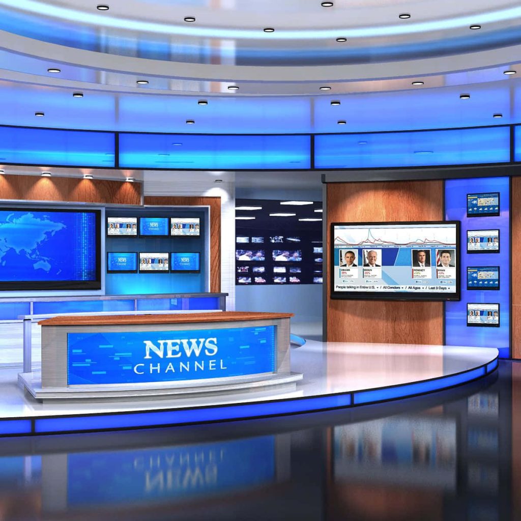 Modern virtual news studio with NEWS CHANNEL desk blue lighting and global election infographics Wallpaper