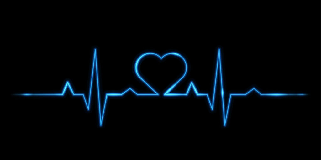 Modern Heart Rate Line Wallpaper: Glowing Blue Heart on Dark Background