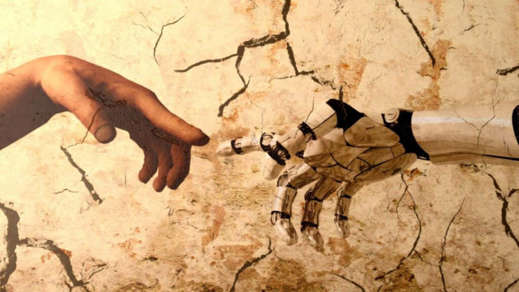 Futuristic Wallpaper: Robotic Arm Meets Human Hand in Art Reimagining