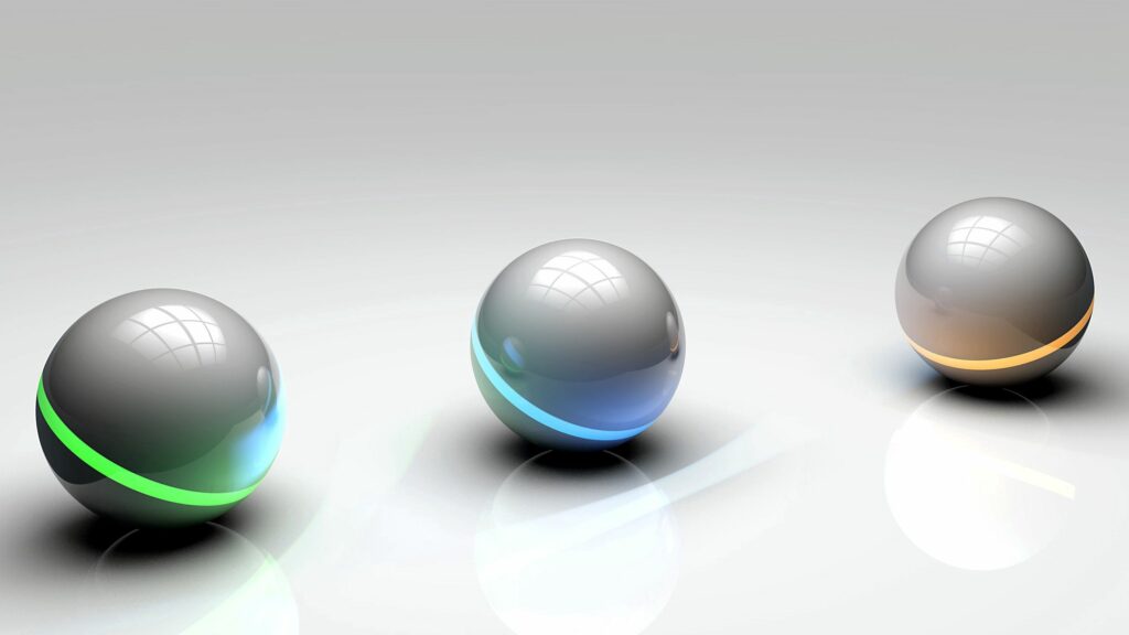 Modern Metallic Spheres Wallpaper: Green, Blue & Orange Accents