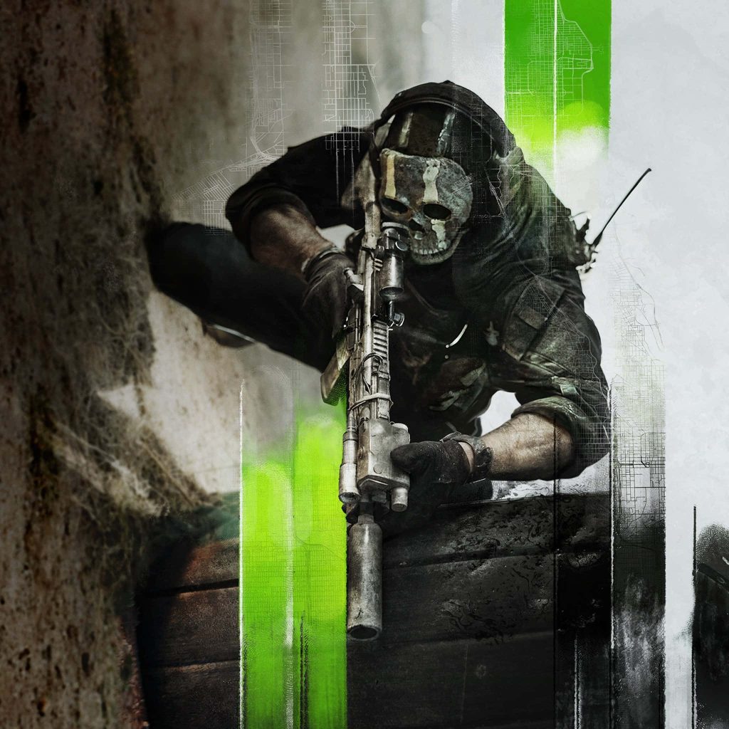 Simon Ghost Riley crouched aiming suppressed rifle Modern Warfare II tactical wallpaper background