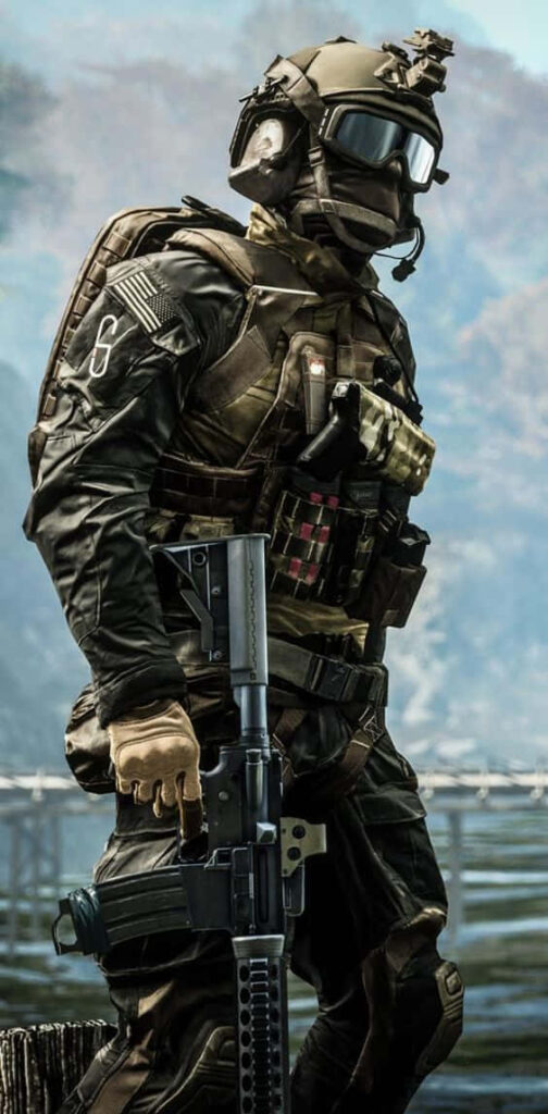 Modern Soldier in Combat Gear with Intense Readiness Wallpaper for Battlefield V