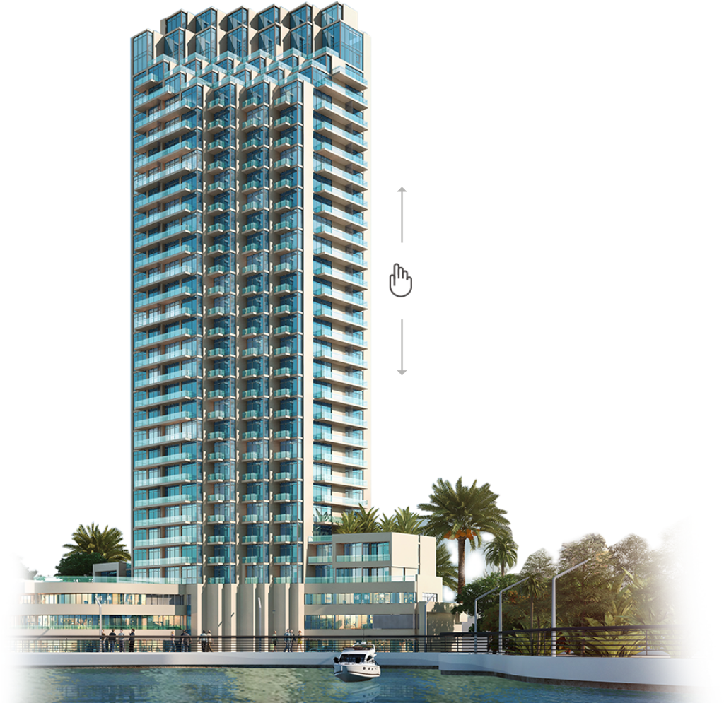 Modern Waterfront Skyscraper: Sleek Design & Serene Nature Wallpaper