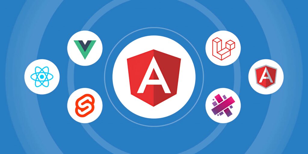 Angular logo centered with React Vue Svelte Laravel and other web development framework logos background Wallpaper