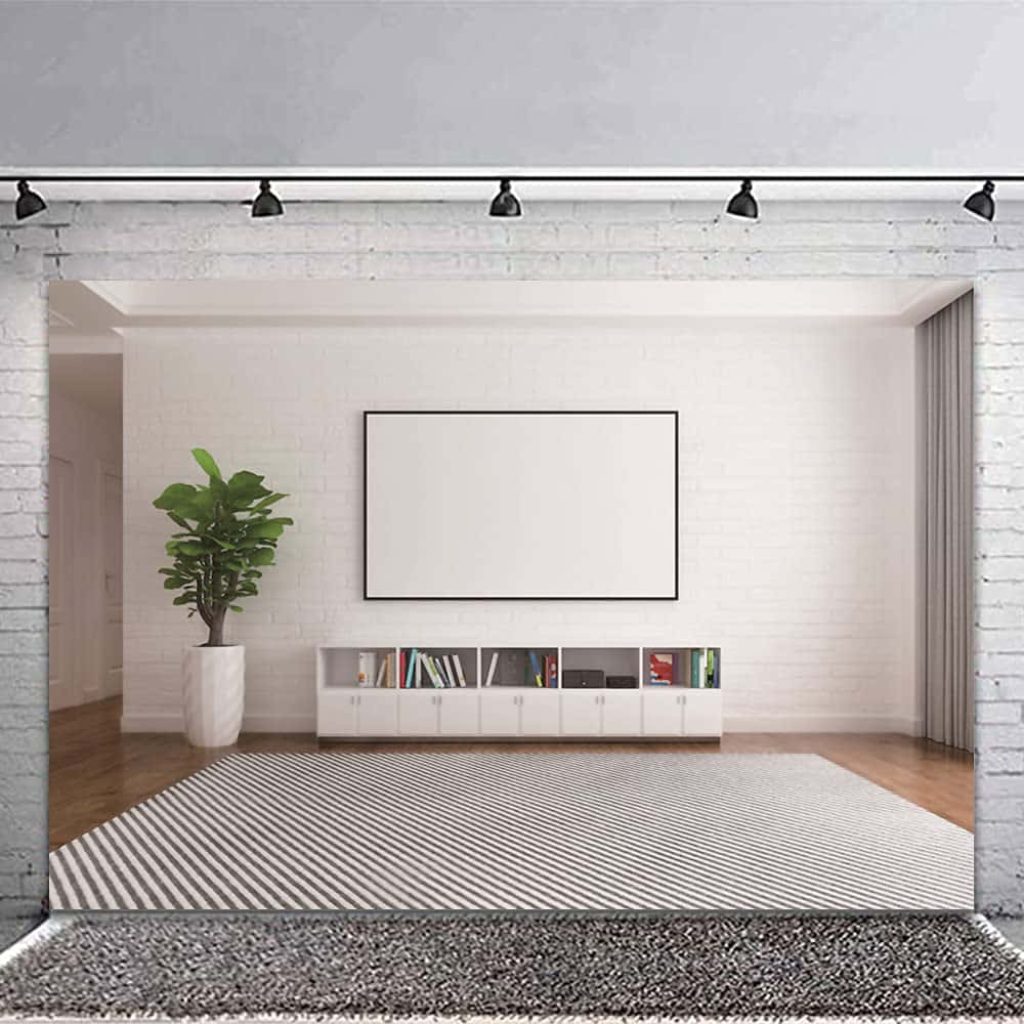 Modern virtual call background with white brick wall plant striped rug and media console Wallpaper