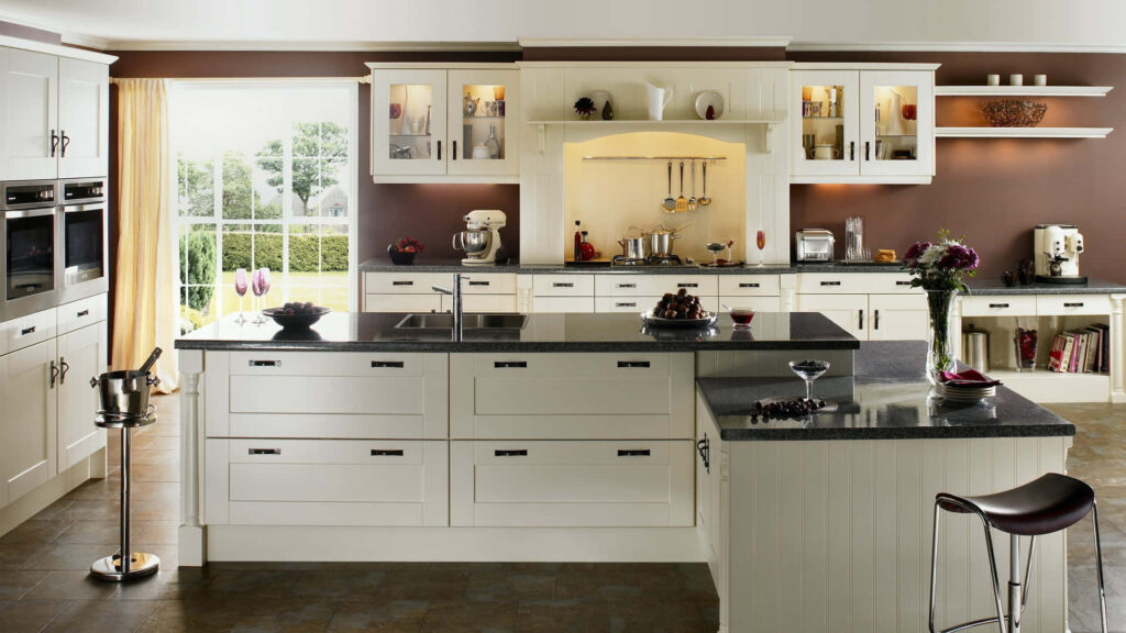 Modern Charm: A White Island Kitchen with Stools Wallpaper