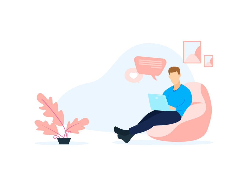 Man on pink beanbag chair working on laptop with chat icons modern minimalist workspace wallpaper