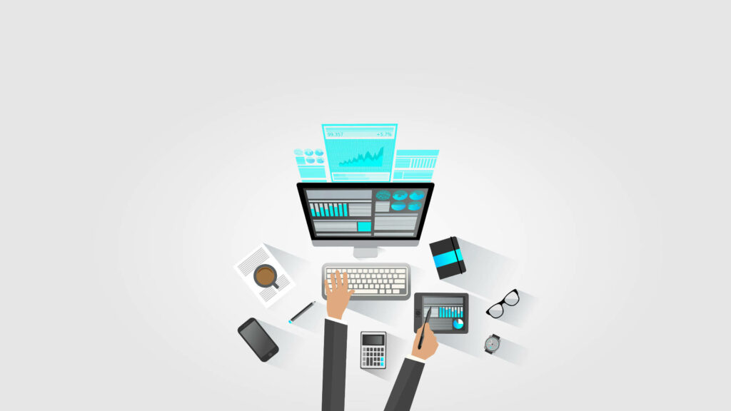 Minimal Modern Workspace Illustration: Desk Setup with Tech & Coffee Wallpaper