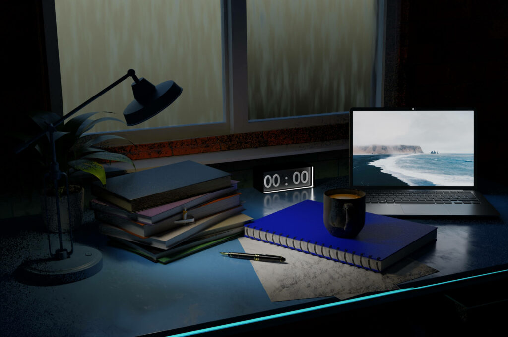Modern Workspace Wallpaper: Laptop, Coffee & Calm Beach Scene