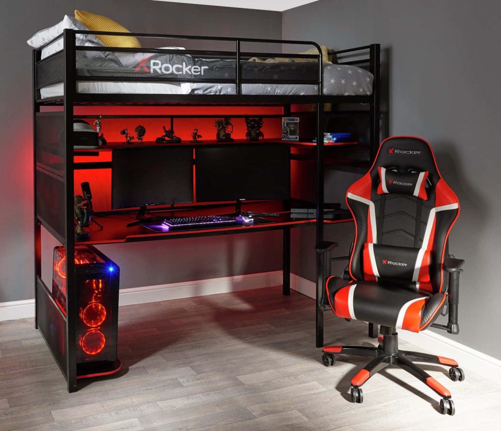 Stylish X Rocker loft bed with integrated desk dual monitors and ergonomic red black gaming chair Wallpaper