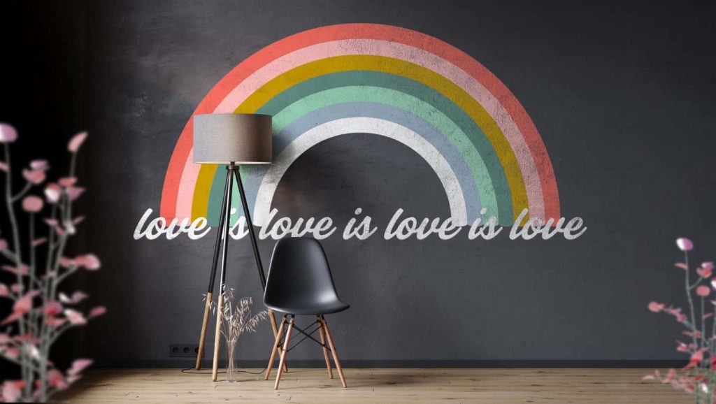 Stylish Zoom wallpaper with dark grey wall rainbow graphic love is love slogan minimalist lamp chair