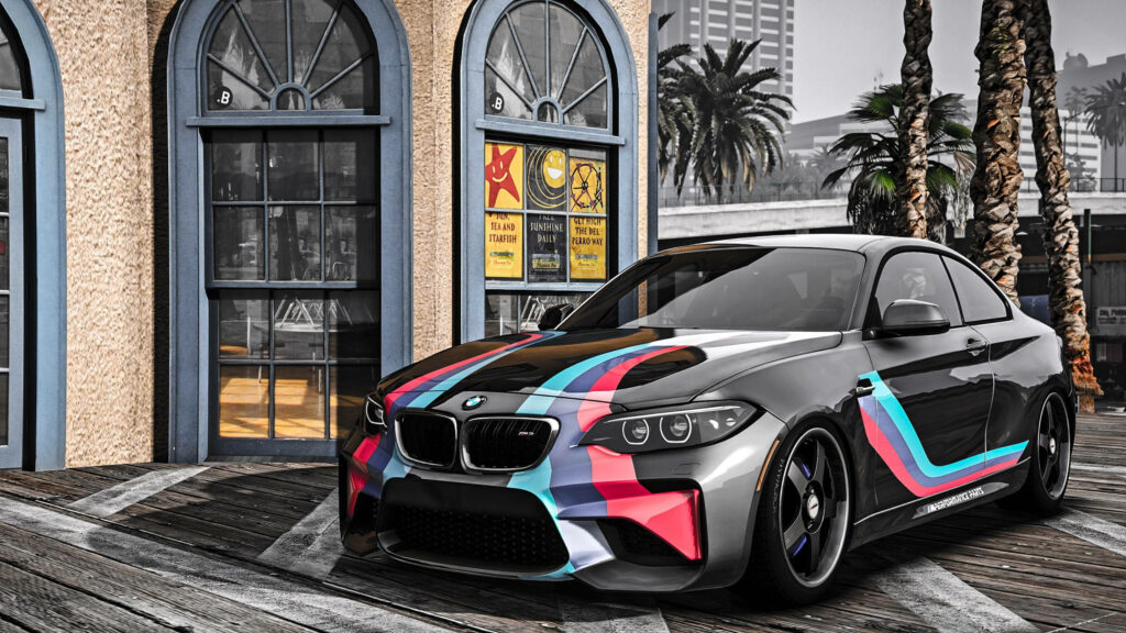 Revamped Stylish Black BMW M3 Parking in Urban Landscape: BMW Laptop Wallpaper
