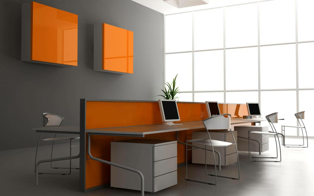 Modern office interior with orange gray design white storage and natural light workspace Wallpaper