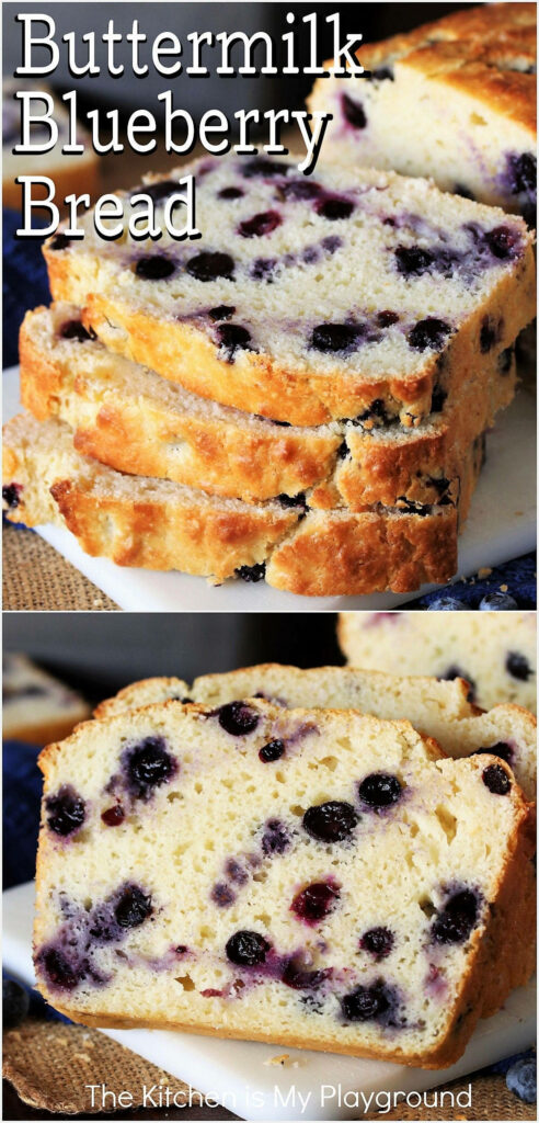 Moist buttermilk blueberry bread slices with juicy berries on bright rustic background wallpaper