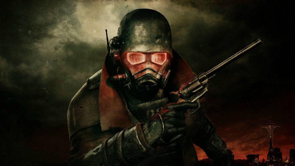 NCR Veteran Ranger with glowing red eyes aims revolver in Fallout New Vegas Mojave wasteland Wallpaper