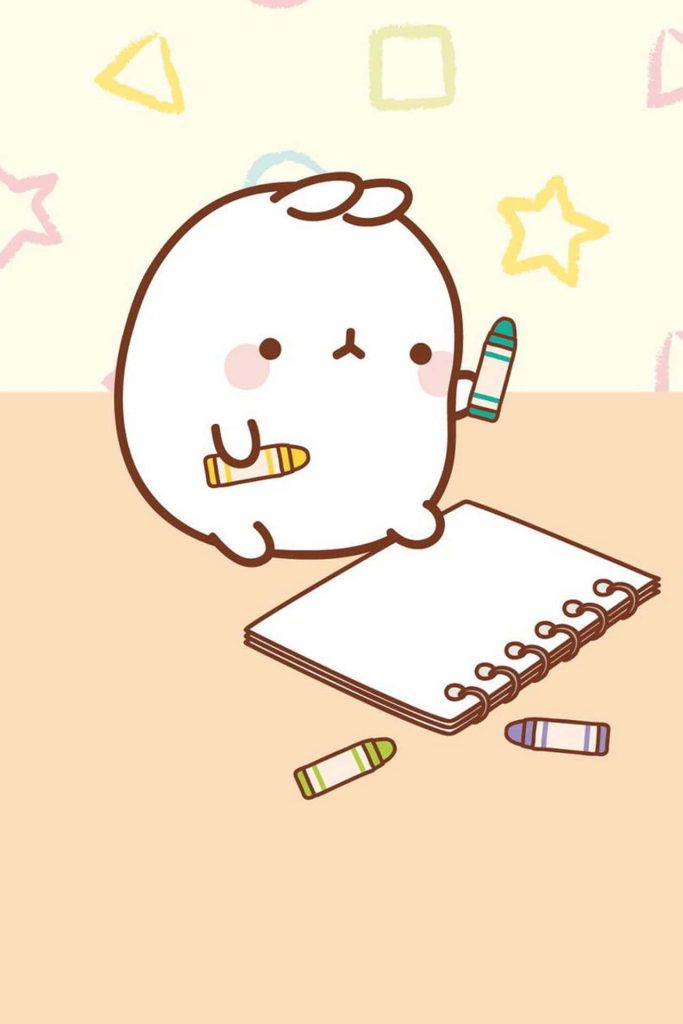 Kawaii Molang white rabbit drawing with crayons pastel geometric wallpaper background design