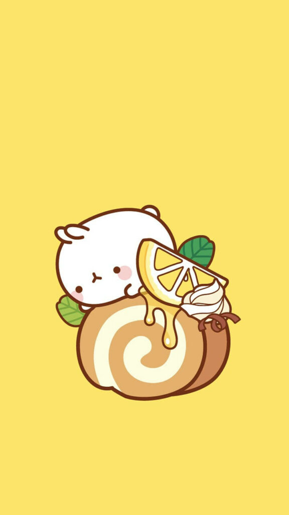 Sweet Delights: Molang's Lemon Cake Adventure on a Vibrant Yellow Kawaii HD Background Wallpaper