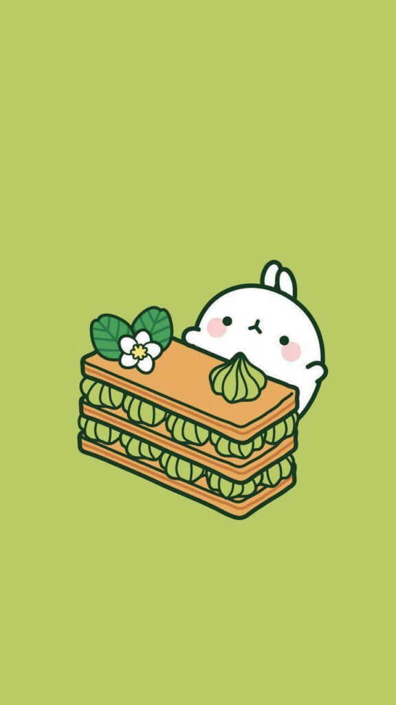 A Delightful Molang Feast: Adorable Wallpaper of Molang Enjoying a Matcha Green Dessert on a Lively Green Background