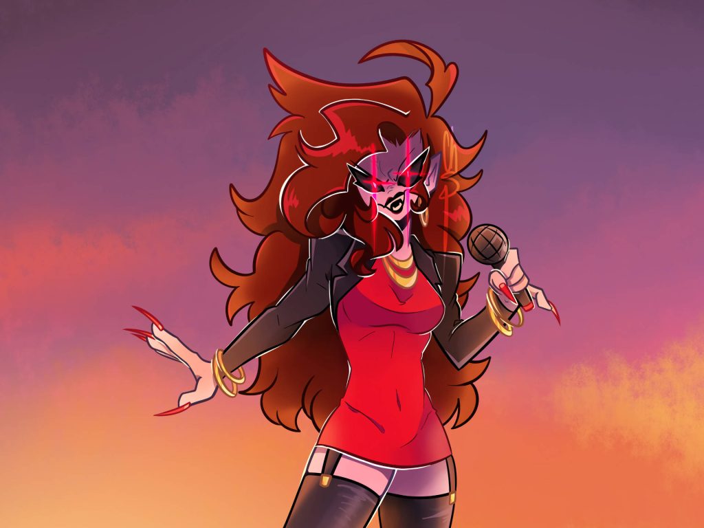 Mommy Mearest Friday Night Funkin digital art wallpaper with red hair glowing eyes and microphone