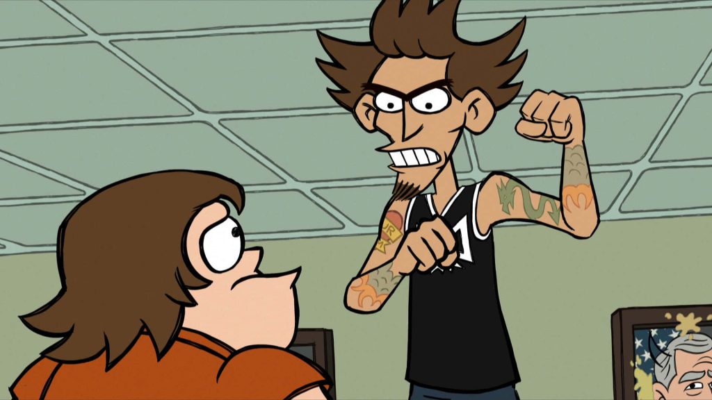 Mondo and Turk in 2D animated clash with tattoos and puzzled look on minimalist background wallpaper
