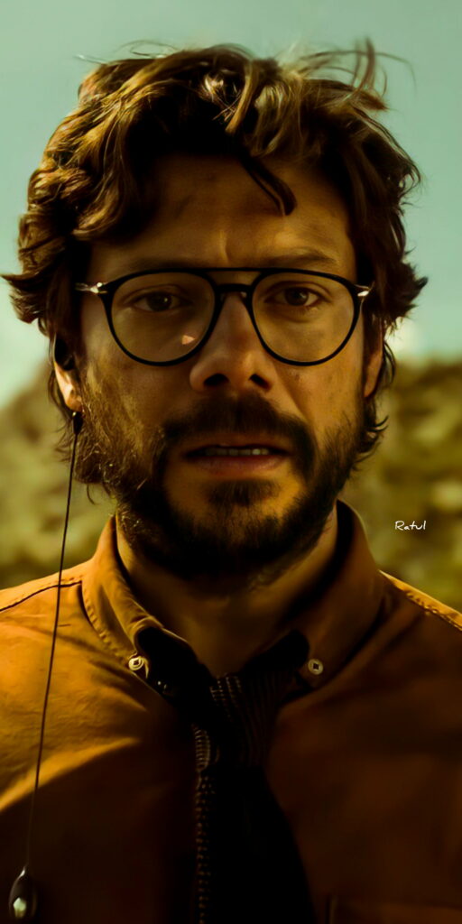 Dramatic close-up of the Professor captured in an HD phone wallpaper featuring Money Heist and Bella ciao