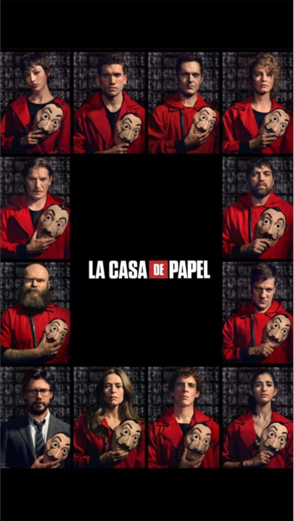 The Masterminds Unmasked: A Collage Portrait of Money Heist's Protagonists Unleashing Chaos Wallpaper