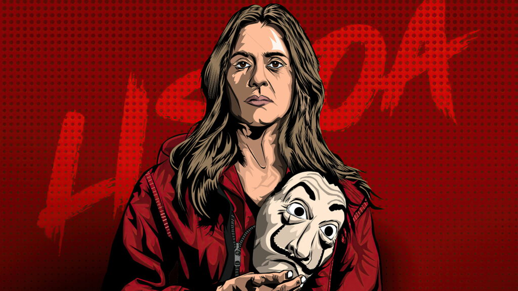 Raquel Murillo Money Heist 4K Illustration with Red Jumpsuit and Salvador Dalí Mask Wallpaper