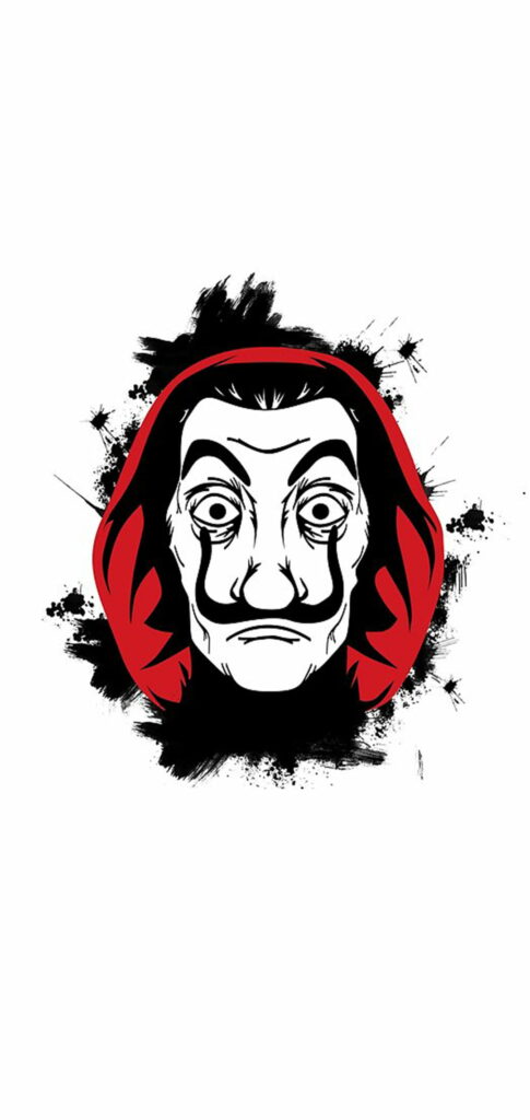 Masked Intrigue: Money Heist's White Background Wallpaper featuring the Casa de Papel