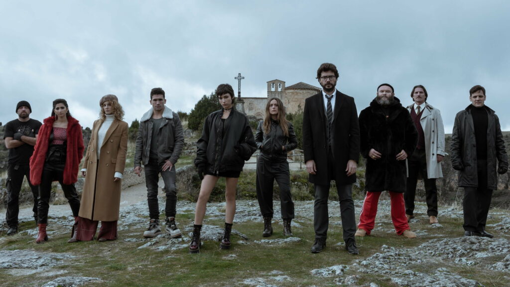 Masterminds at Work: Immersive Money Heist Season 2 Wallpaper Showcasing All Key Characters