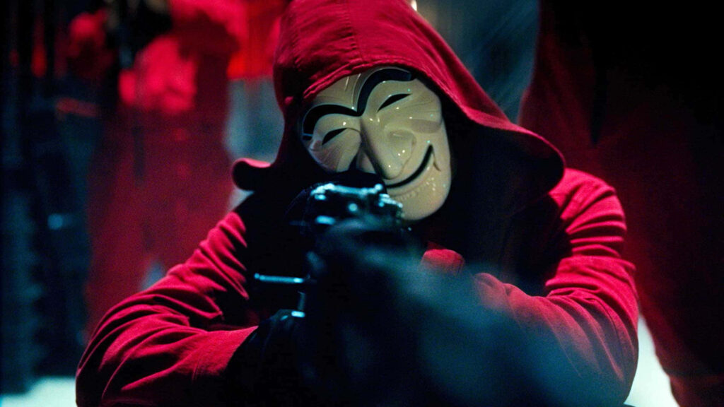 The Ingenious Plot: Salvador Dali Masked Intruders Strategize for a High-Stakes Heist within the Spanish Thriller Money Heist Wallpaper