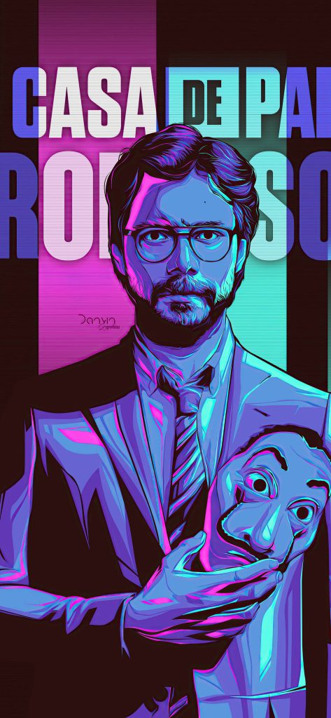 Digital art iPhone wallpaper of The Professor from Money Heist holding Dalí mask neon purple pink cyan