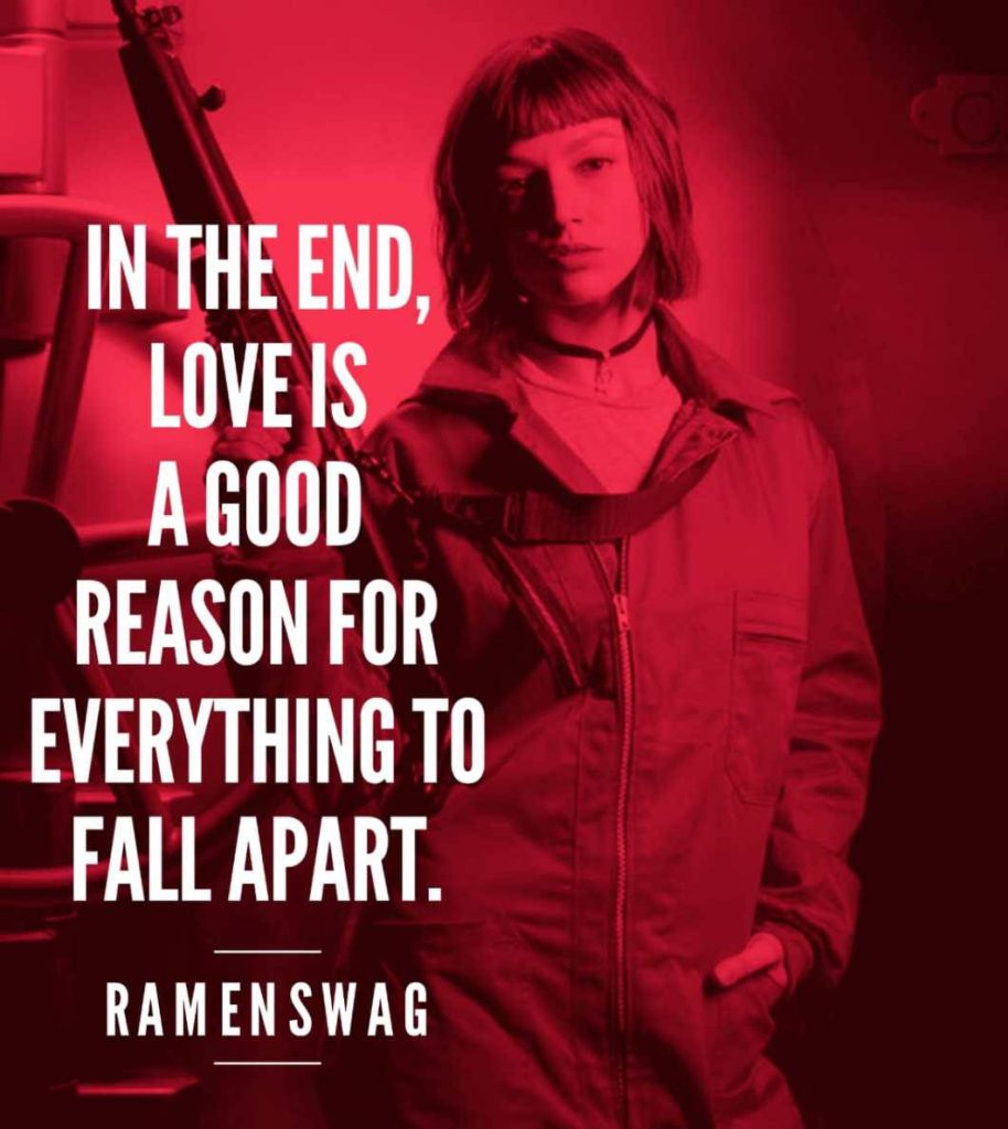 Money Heist Tokyo portrait in red jumpsuit with moody lighting and iconic series quote wallpaper