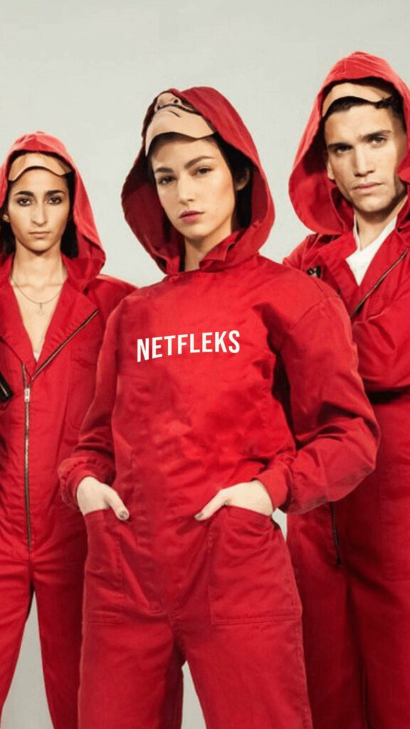 Red-clad Rebels: A Trio Portrait of Tokyo, Denver, and Nairobi from Money Heist Series Wallpaper