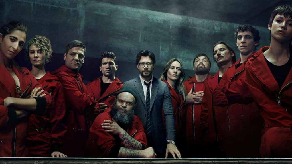 The Mastermind's Ensemble: Money Heist's Cast Unveils Their Strength Against a Solid Backdrop Wallpaper