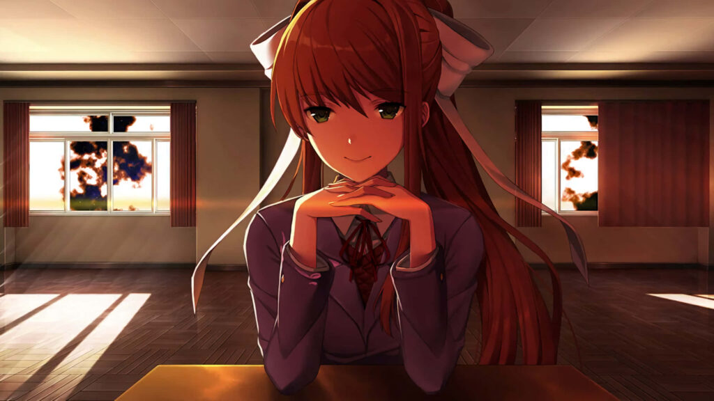 Monika from DDLC in a Serene Classroom Wallpaper Background