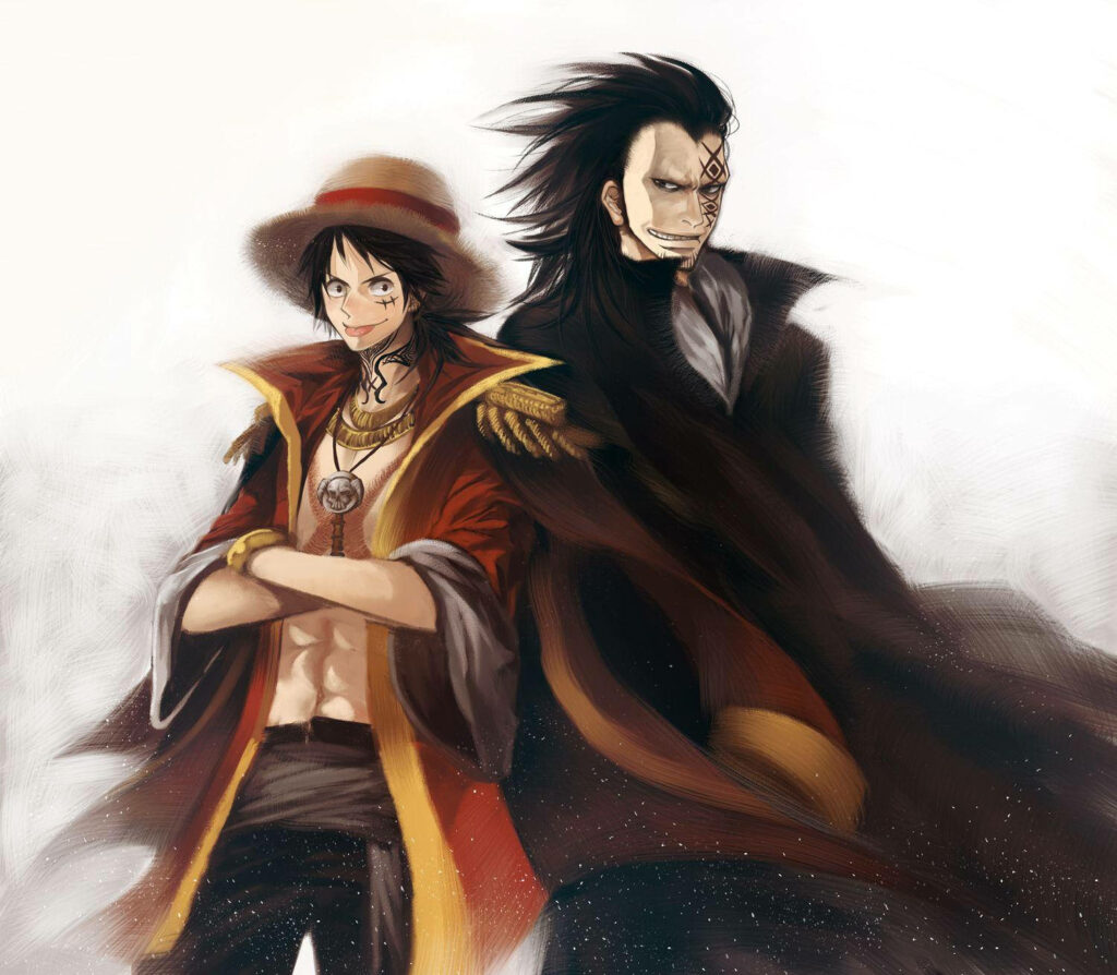 Dynamic Duo of One Piece: Monkey D Dragon and Luffy Conquer All in a Whimsical Painting Wallpaper