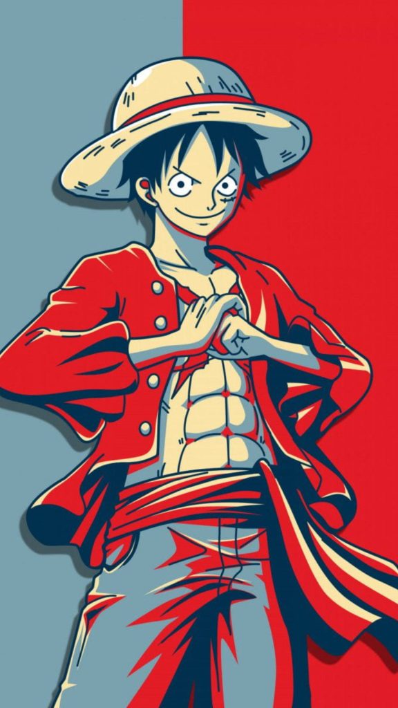 Monkey D Luffy One Piece wallpaper pop-art style red vest blue red background for devices